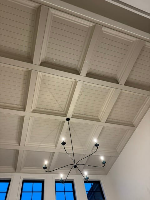 Modern ceiling with white coffered panels and a black minimalist chandelier, with large windows below