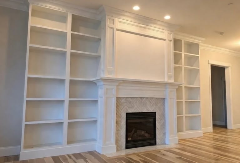 Modern living room with built-in white shelving units flanking a fireplace with herringbone tile surround